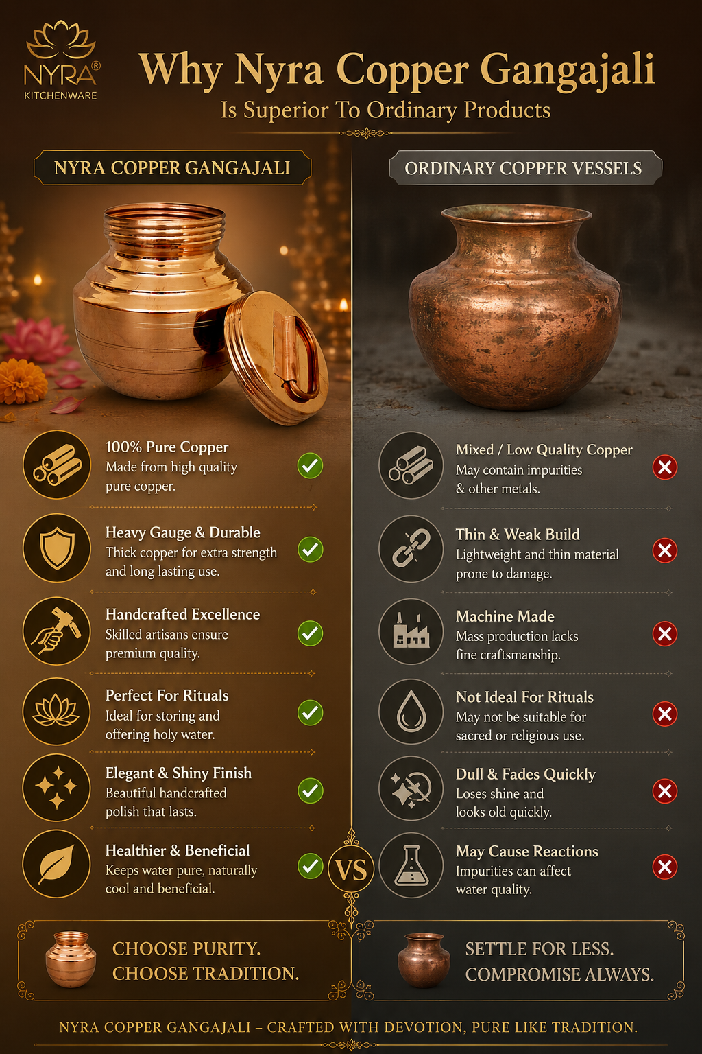 Pure Copper Gangajali with Lid: Kalash for Pooja & Ganga Jal