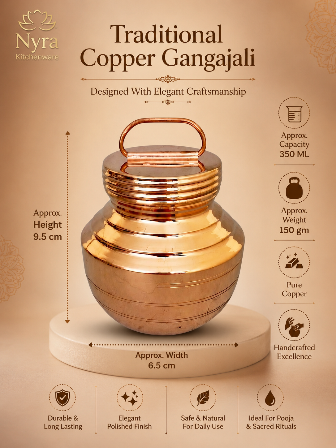 Pure Copper Gangajali with Lid: Kalash for Pooja & Ganga Jal