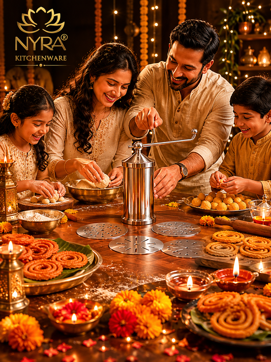 A family of four smiling and preparing food around a copper chulha stove in a warmly lit kitchen setting, with the NYRA Kitchenware logo in the top left corner.
