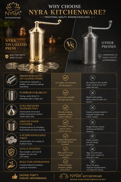 A promotional infographic for the Nyra Kitchenware Purety Tin Coated Indigo Press, comparing it with other manual presses. The graphic features a golden brass press on the left and a silver metal press on the right, set against a dark background with text detailing the benefits of the tin-coated indigo material.