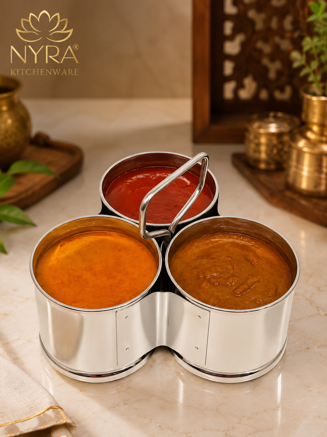 Stainless Steel Chougadha | Chaumukha Vegetable Holder with Handle – Premium 2, 3, 4 Container