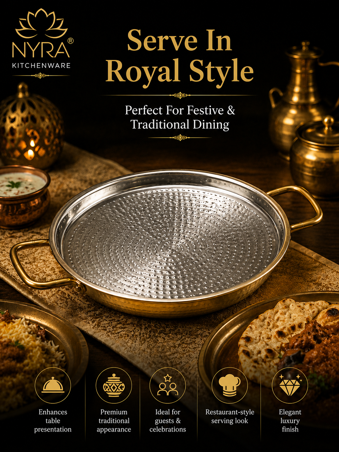 Pure Brass Kalai Tawa with Double Handle | Hammered Finish Brass Dosa Tawa | Food Grade Peetal Cooking Tawa