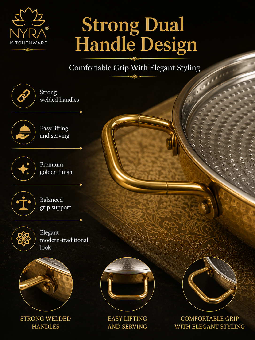 Pure Brass Kalai Tawa with Double Handle | Hammered Finish Brass Dosa Tawa | Food Grade Peetal Cooking Tawa