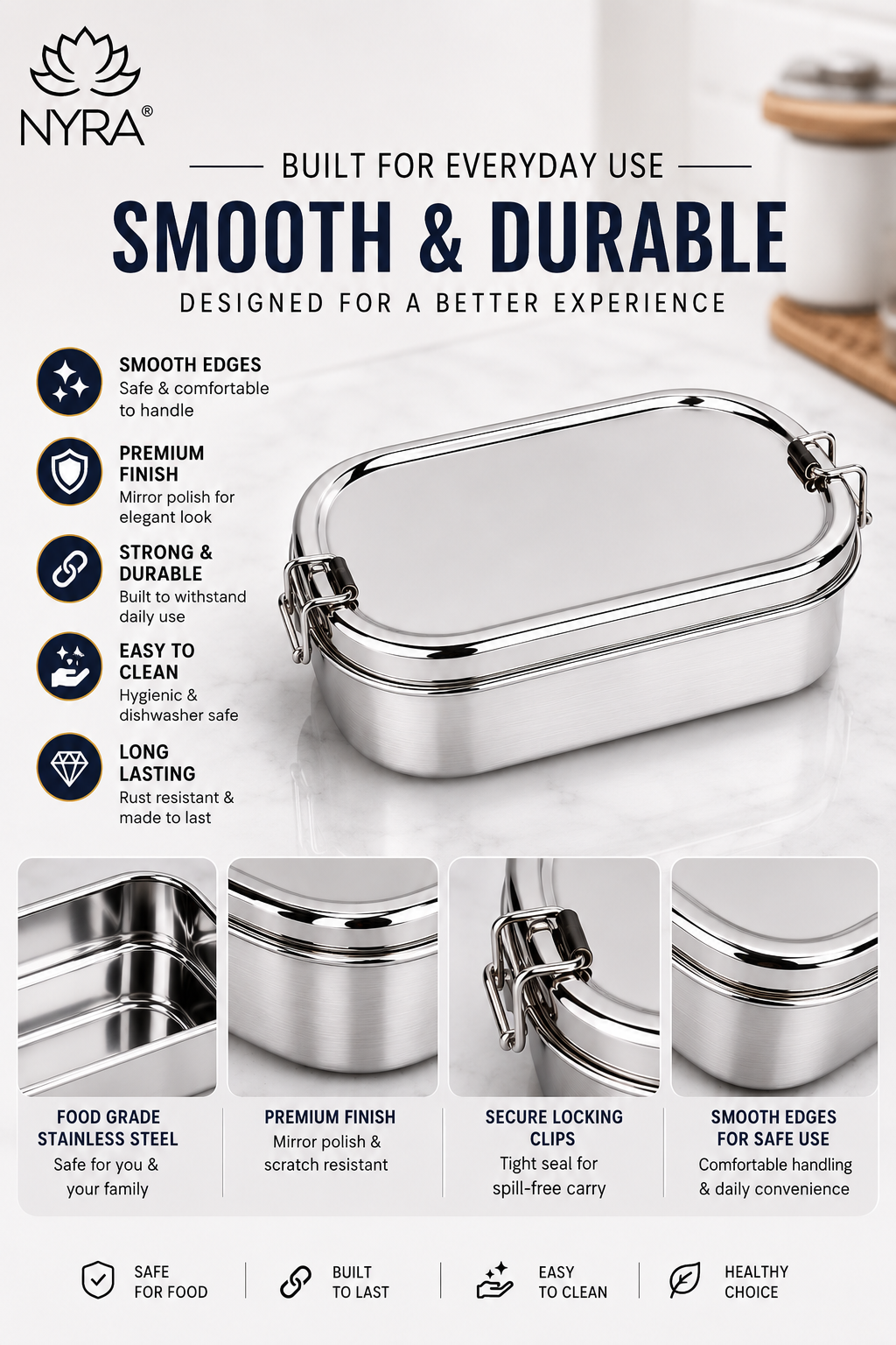 Stainless Steel Locking Clips Lunch Box