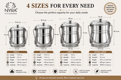 Stainless Steel Milk Pot/Container with lid | Flat Bottom dolchi for Milk - 4 sizes
