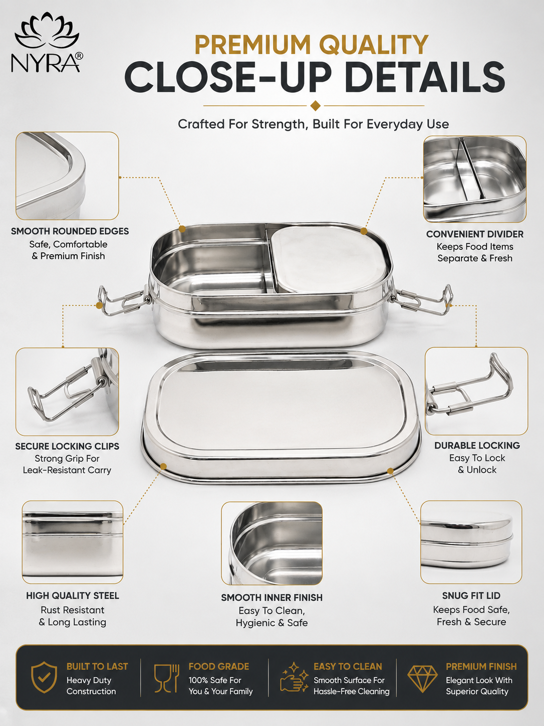 Stainless Steel Locking Clips Lunch Box