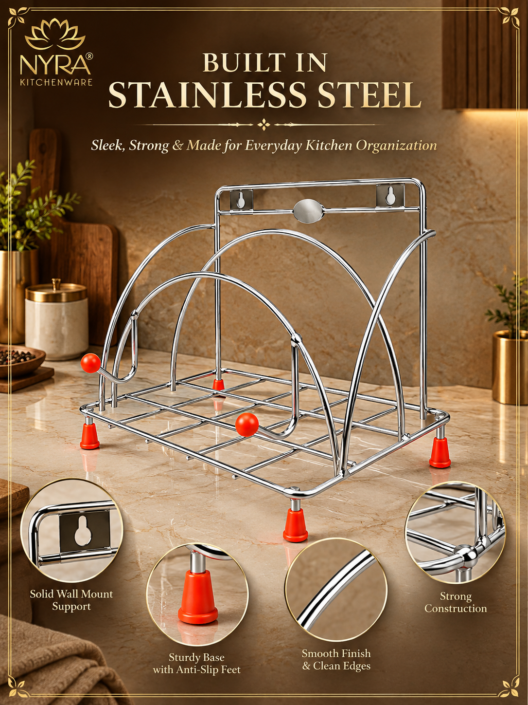 Stainless Steel Chakla Belan Tawa Stand | Wall Mount & Countertop Kitchen Organizer Rack