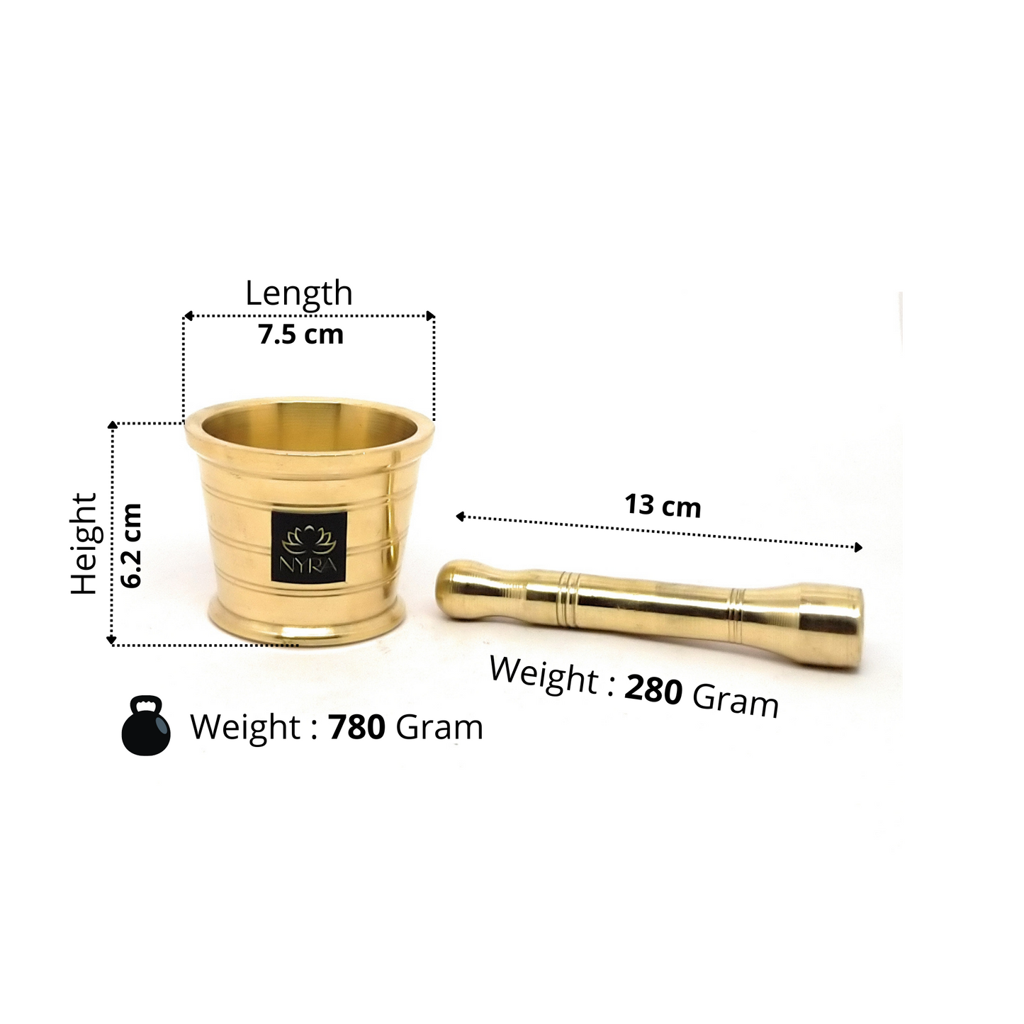 Gold-colored cup and spoon with measurements and weight details on a white background