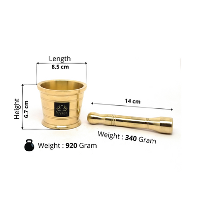 Gold-colored cup and weight with dimensions and weight details on a white background