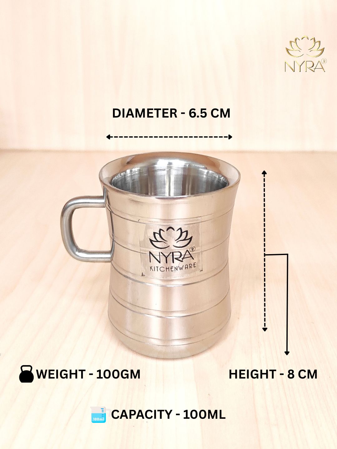 Silver mug with dimensions and weight on a beige background
