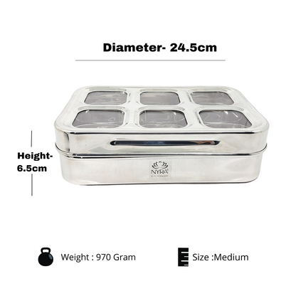 Stainless Steel 6 Compartment Dry Fruit/Spice Box for Kitchen Organization - See-Through Lid Masala/Dry Fruit Box