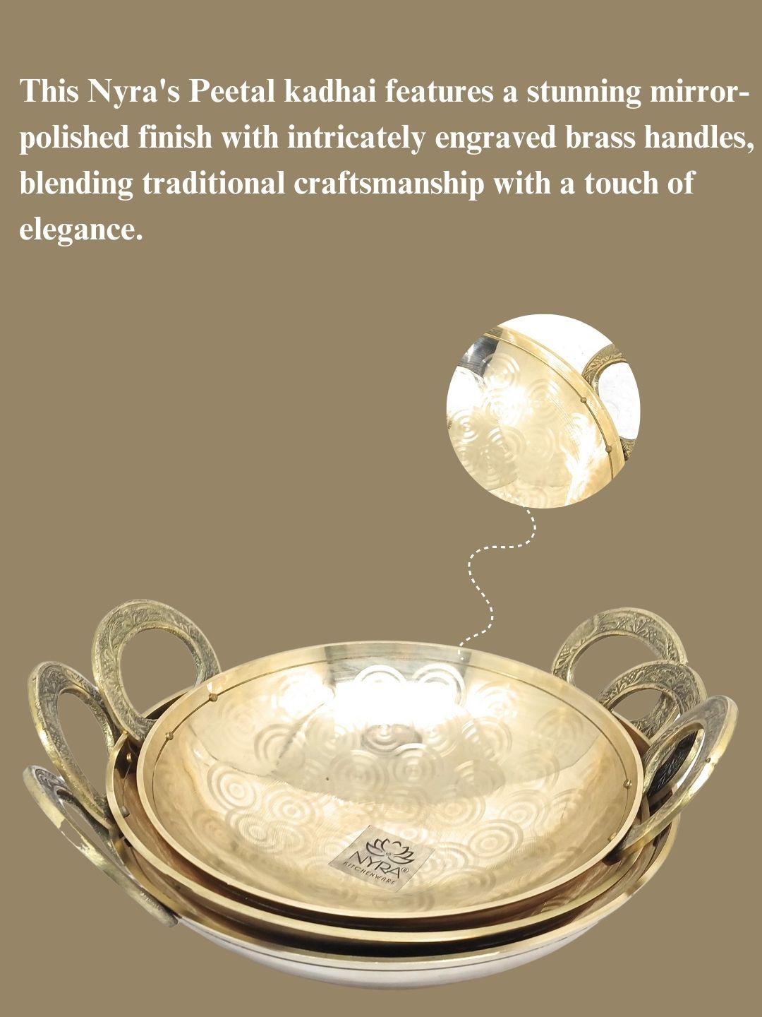 Premium Brass/Peetal Glossy-finish Kadhai with Designer Handles | Traditional Indian Cooking Wok for Healthy Cooking - 3 Sizes