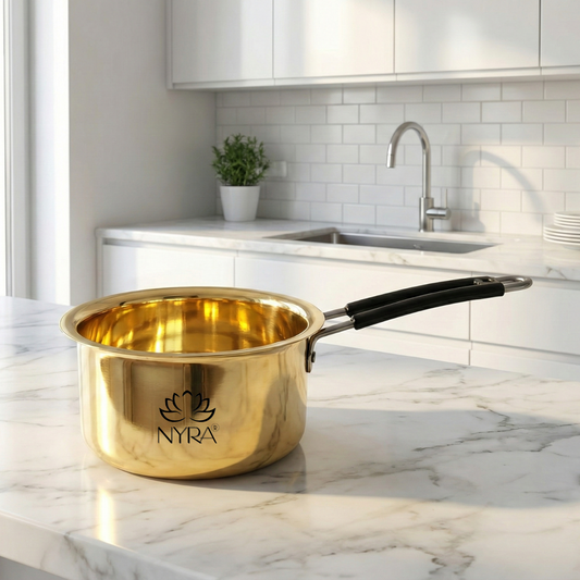 Pure Brass Saucepan - Thick Gauge Body, Ergonomic Heat‑Resistant Black Handle, Gas Stove Compatible | Traditional Indian Cookware
