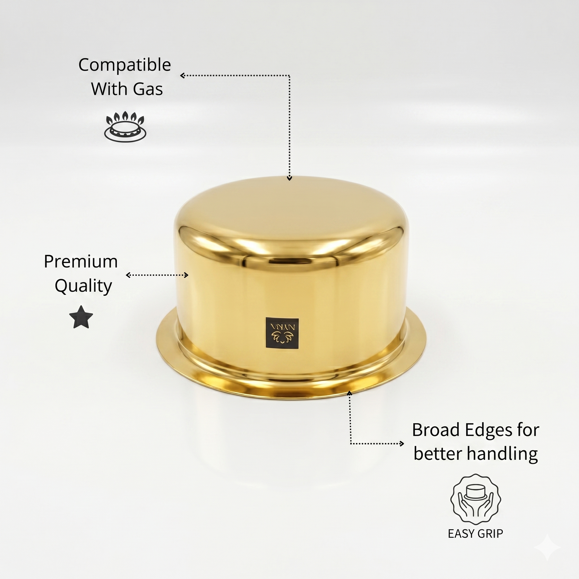 A gold-colored round metal lid or cover with a small black brand plaque, shown on a white background with callout lines and text reading 'Compatible With Gas,' 'Premium Quality,' and 'Broad Edges for better handling.'.