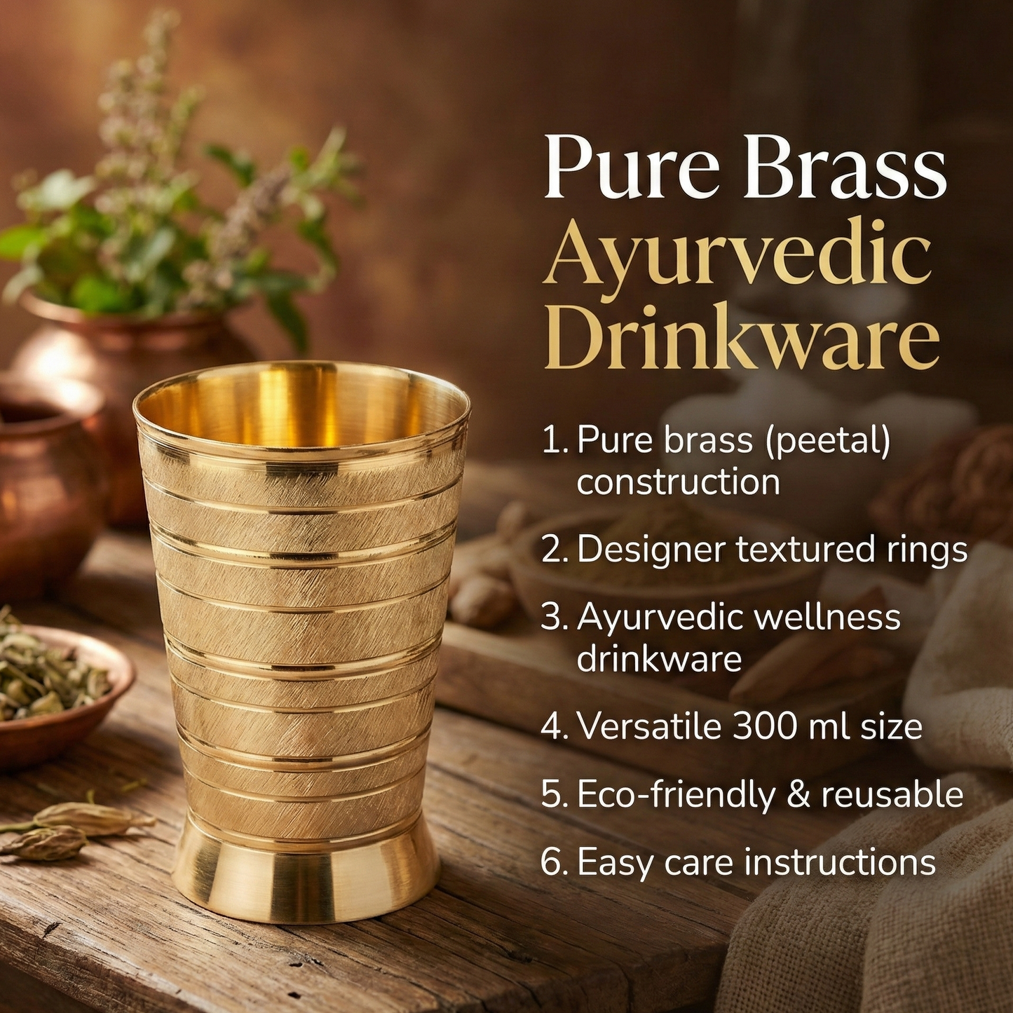 Pure Brass Peetal Designer Glass – Textured Ring Tumbler | Ayurvedic Pital Jal Drinkware