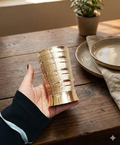 Pure Brass Peetal Designer Glass – Textured Ring Tumbler | Ayurvedic Pital Jal Drinkware