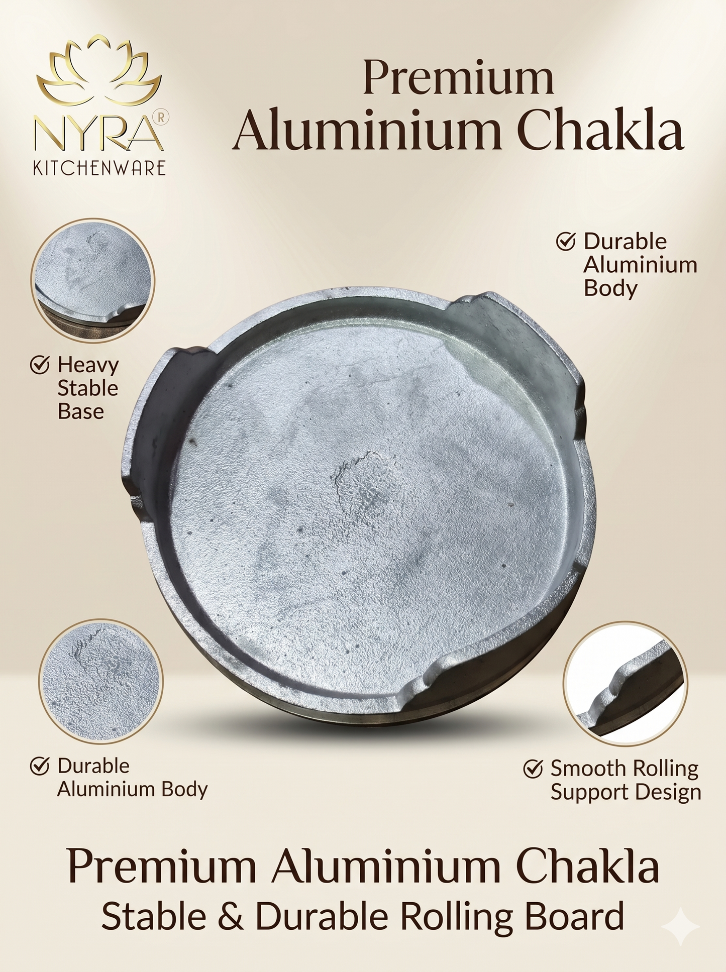Nyra Kitchenware Premium Aluminium Chakla with features highlighted on a beige background