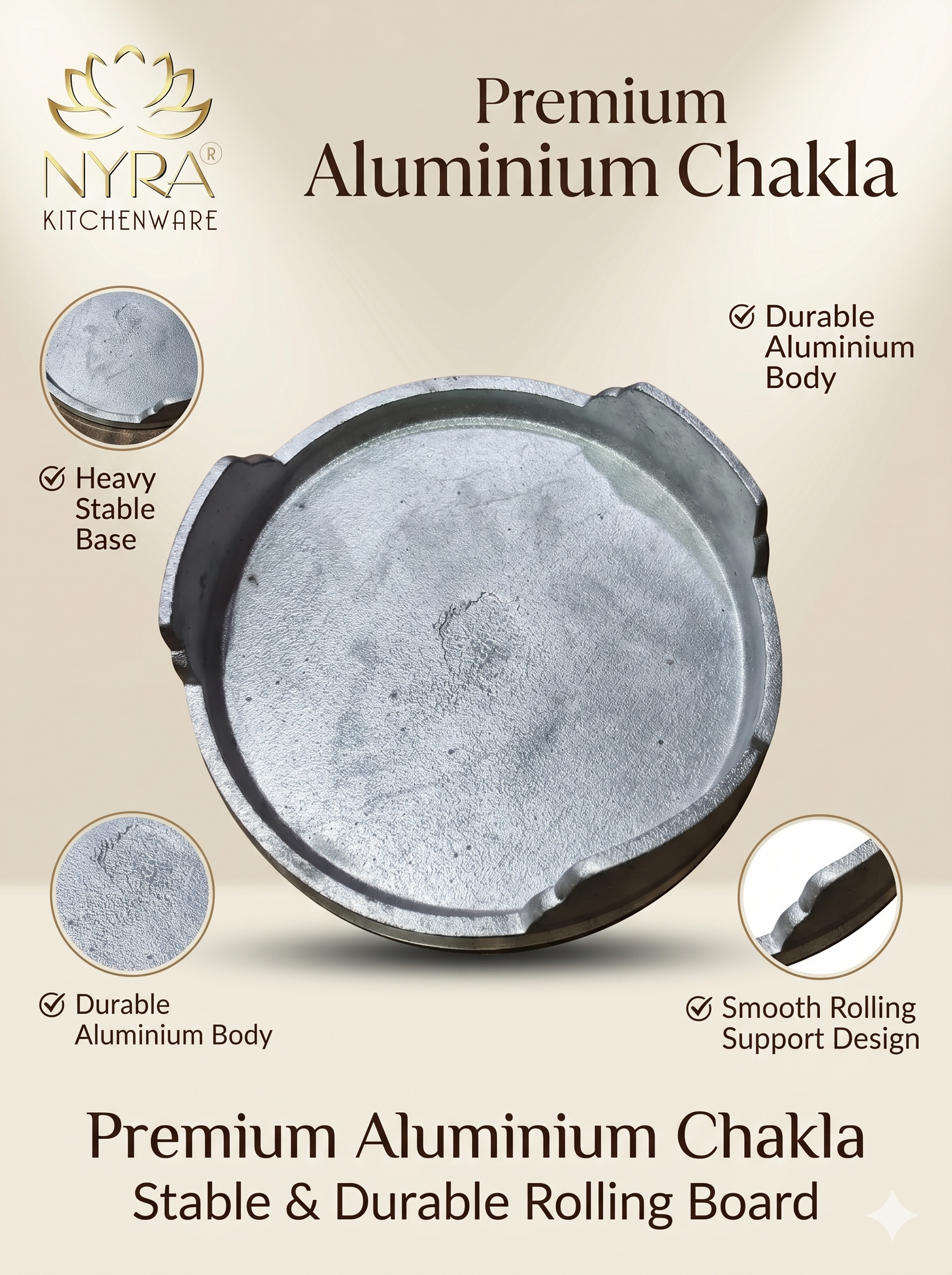 Nyra Kitchenware Premium Aluminium Chakla with features highlighted on a beige background