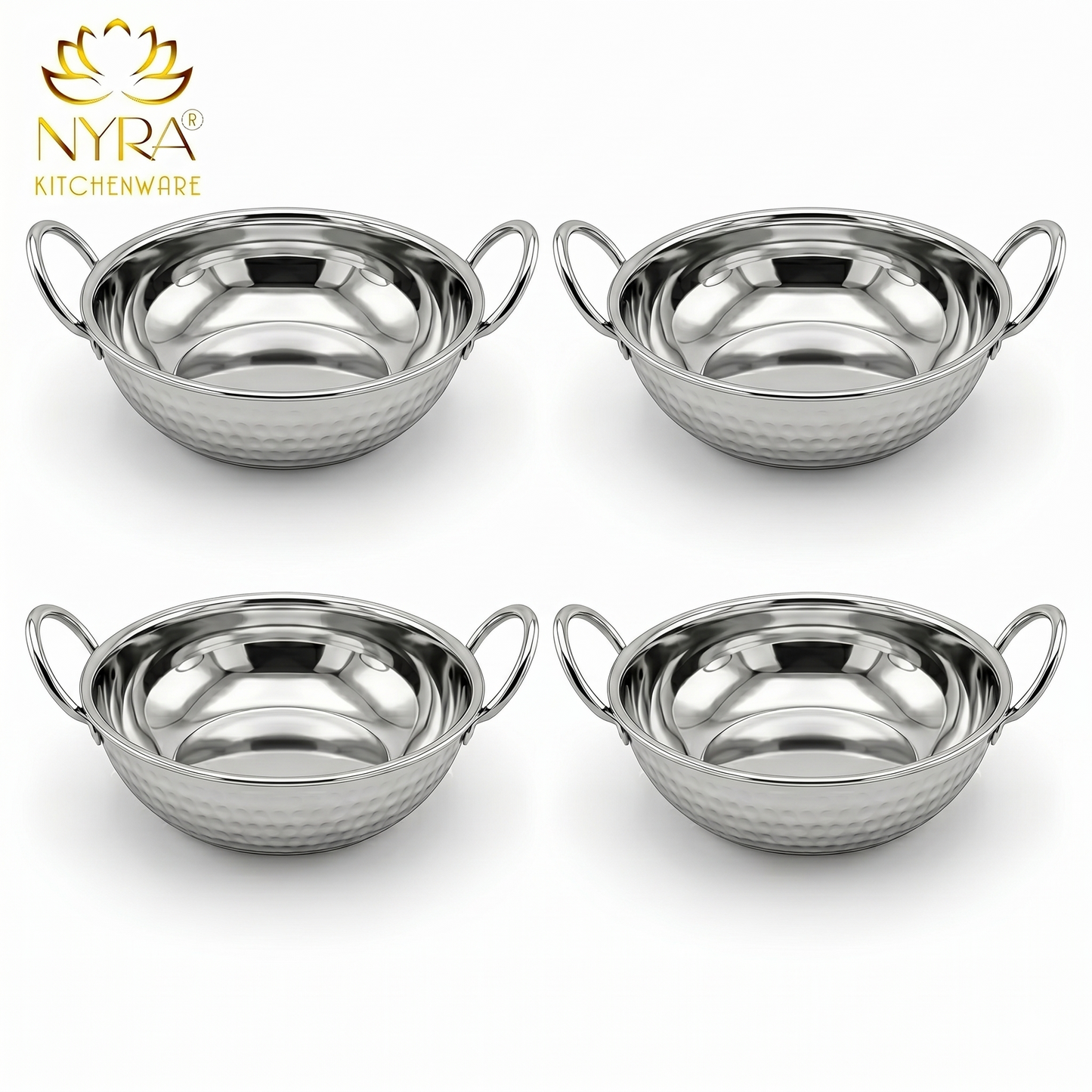 Stainless Steel Hammered Finish Kadhai with Handles – Premium Serveware Set