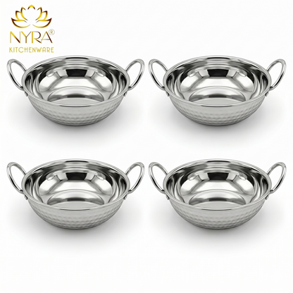 Stainless Steel Hammered Finish Kadhai with Handles – Premium Serveware Set