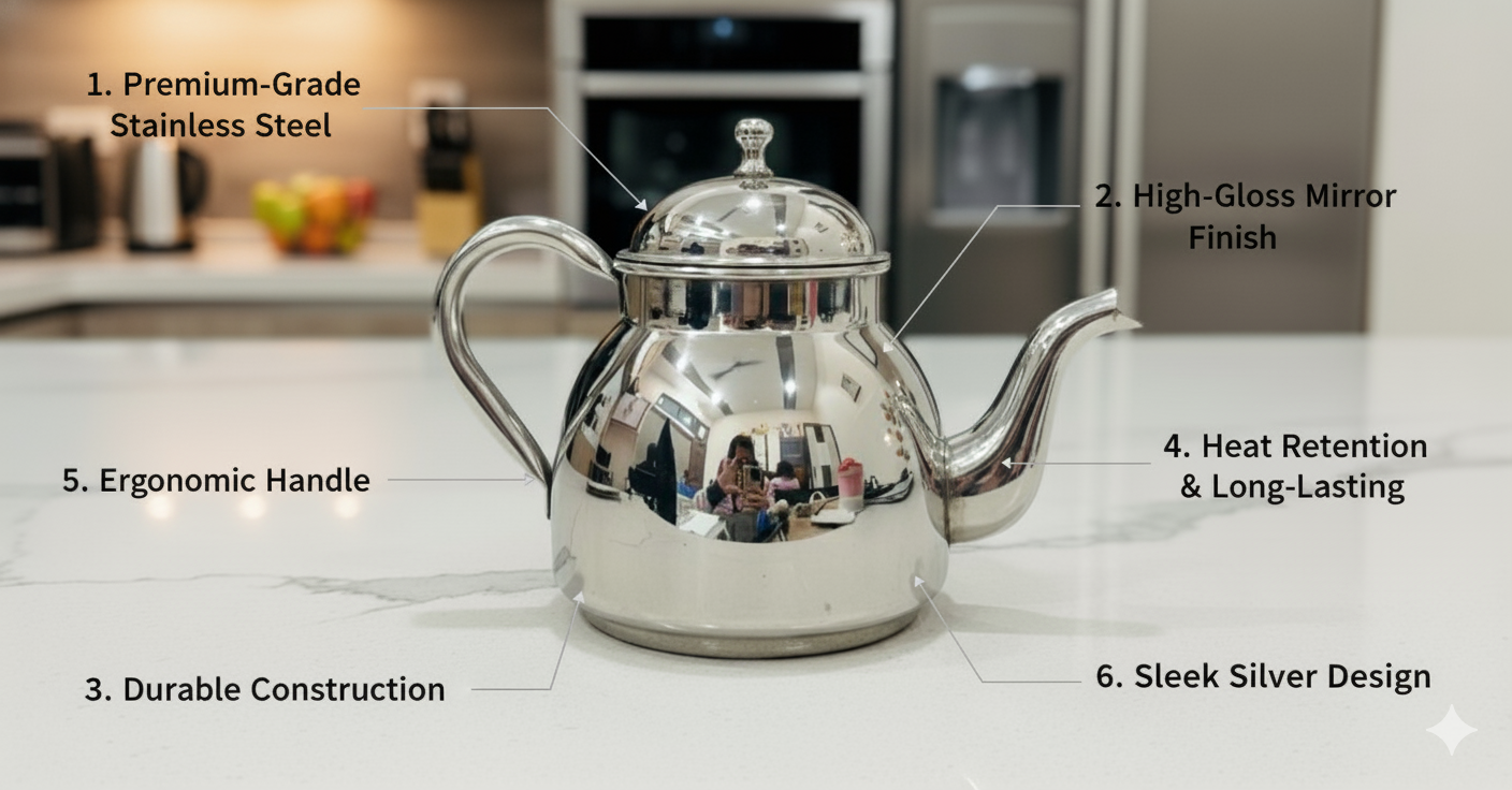 Stainless Steel Tea Pot/Tea Kettle with Mirror Finish – Durable and Elegant Silver Tea Pot for Modern Kitchens
