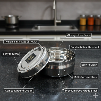 Stainless Steel Round Dibbi/Box set of 3pcs | Multipurpose Mini Storage Containers for Kitchen & Home