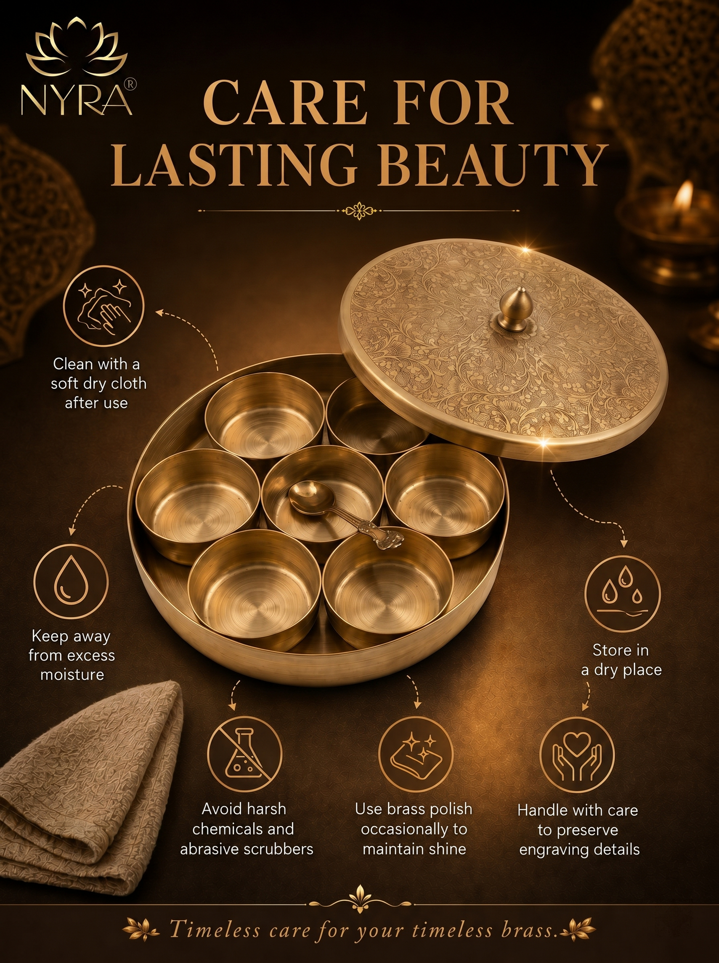 Premium Brass Spice Box with 7 Compartments & Spoon | Authentic Indian Masala Dabba - Handcrafted Embossed Lid Masaldani | Eco-Friendly Peetal Storage for Kitchen
