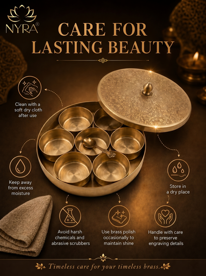 Premium Brass Spice Box with 7 Compartments & Spoon | Authentic Indian Masala Dabba - Handcrafted Embossed Lid Masaldani | Eco-Friendly Peetal Storage for Kitchen