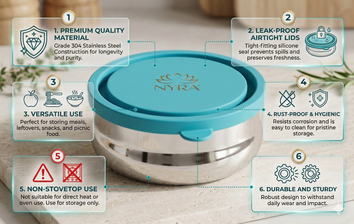 Stainless Steel Food Storage Containers with Airtight Plastic Lids | Leak-Proof, Food Grade & Rust-Proof