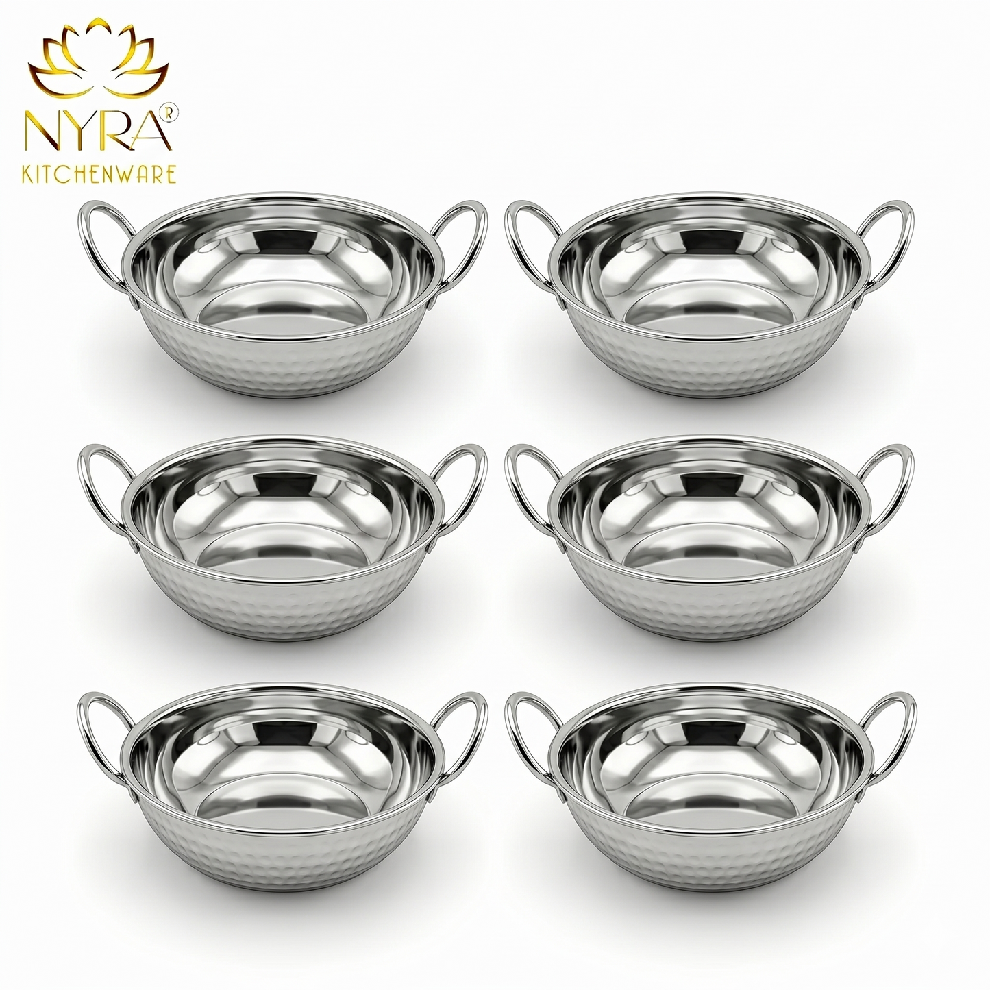 Stainless Steel Hammered Finish Kadhai with Handles – Premium Serveware Set