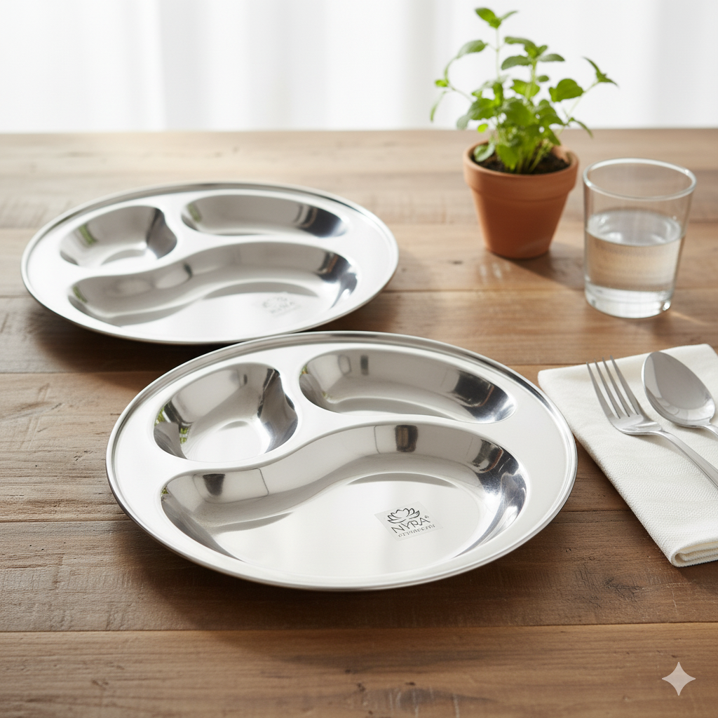 Stainless Steel 3-Compartment Dinner Plates | Mango-shaped Plates for Meals & Snacks |