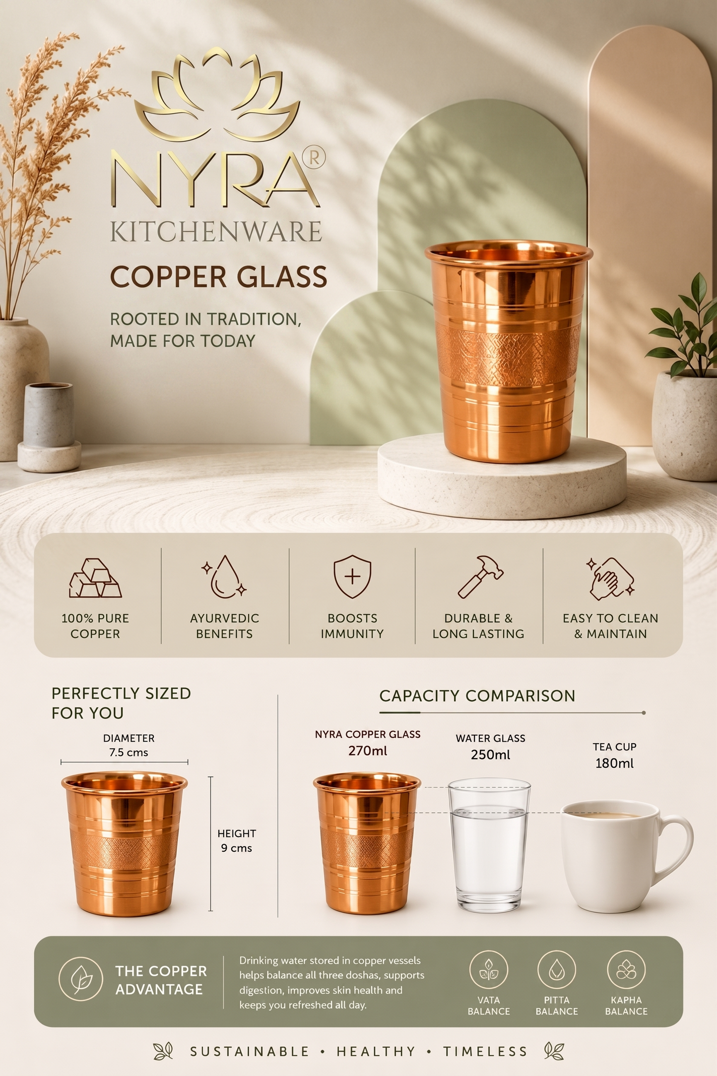 Handmade Copper Glass/Tumbler - Ayurvedic Health Benefits | Traditional Tamba Drinkware for Daily Use