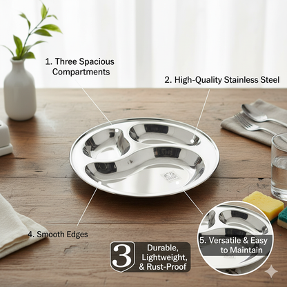 Stainless Steel 3-Compartment Dinner Plates | Mango-shaped Plates for Meals & Snacks |