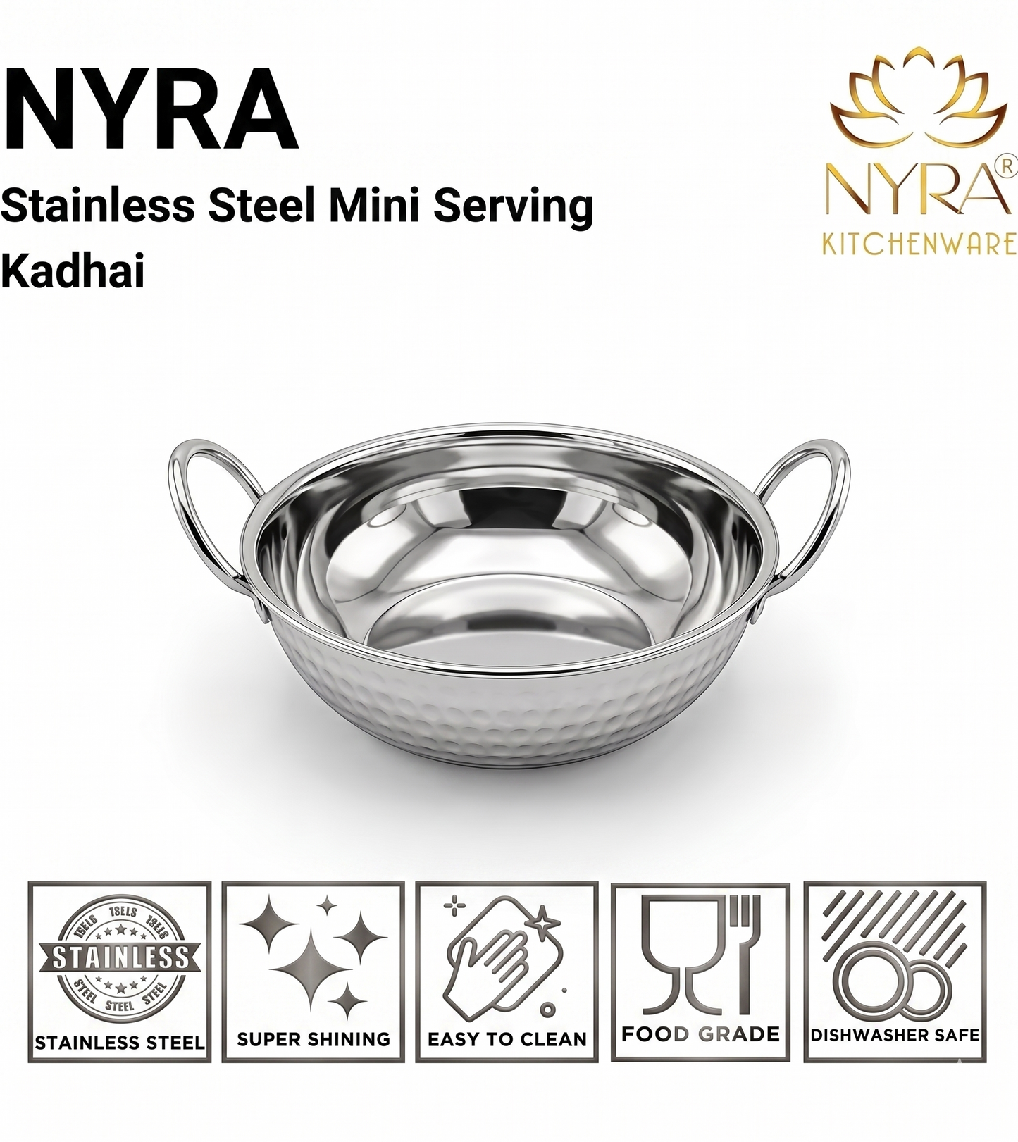 Stainless Steel Hammered Finish Kadhai with Handles – Premium Serveware Set