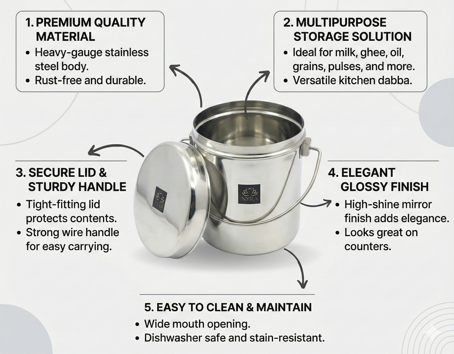 Stainless Steel Milk Pot with Lid (Dolchi/Barni) – Glossy finish, Rust-Proof & Flat Bottom Storage Container