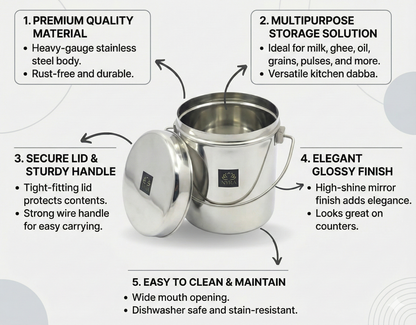 Stainless Steel Milk Pot with Lid (Dolchi/Barni) – Glossy finish, Rust-Proof & Flat Bottom Storage Container