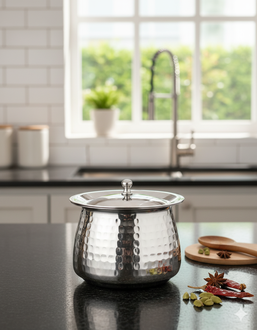 Stainless Steel Hammered Serving Handi with Lid | Serving bowl - Perfect for Biryani, Curries, and Indian Cuisine
