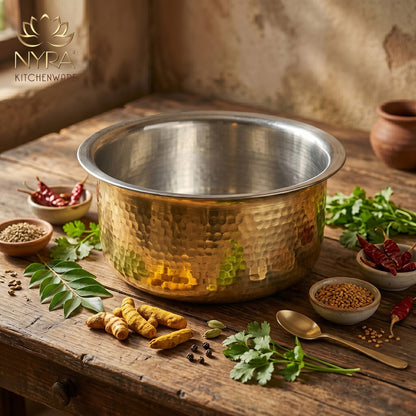 Traditional Brass Bhagona (Kalai Coated) | Heavy Peetal Cooking Pot with Tin-work