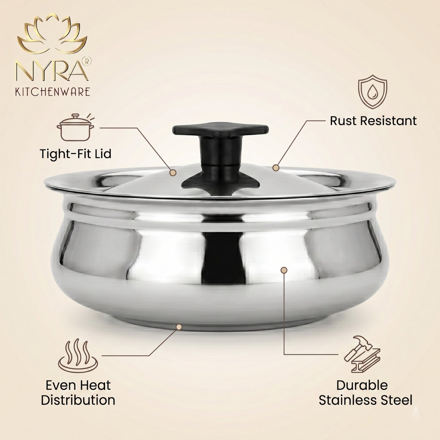 Stainless Steel Biryani Handi with Lid and PVC Knob - Cooking Handi