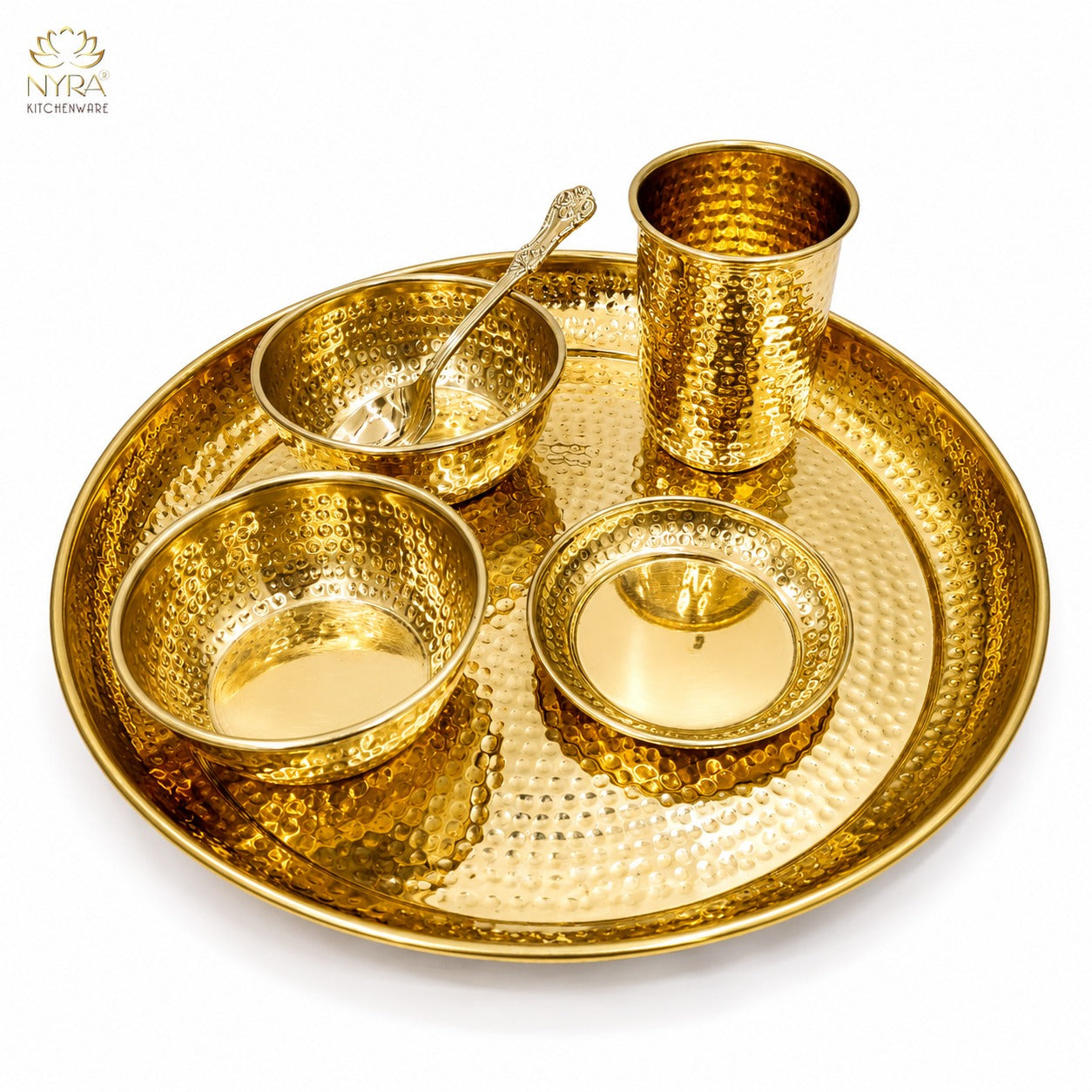 Premium Brass Hammered Thali Set of 6 Pcs | Traditional Dinnerware Peetal Bhojan Set - Glossy Finish Luxury Gifting ( Plate, 2 Bowls, Glass, Spoon & Pudding Dish )