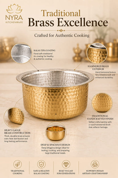 Traditional Brass Bhagona (Kalai Coated) | Heavy Peetal Cooking Pot with Tin-work
