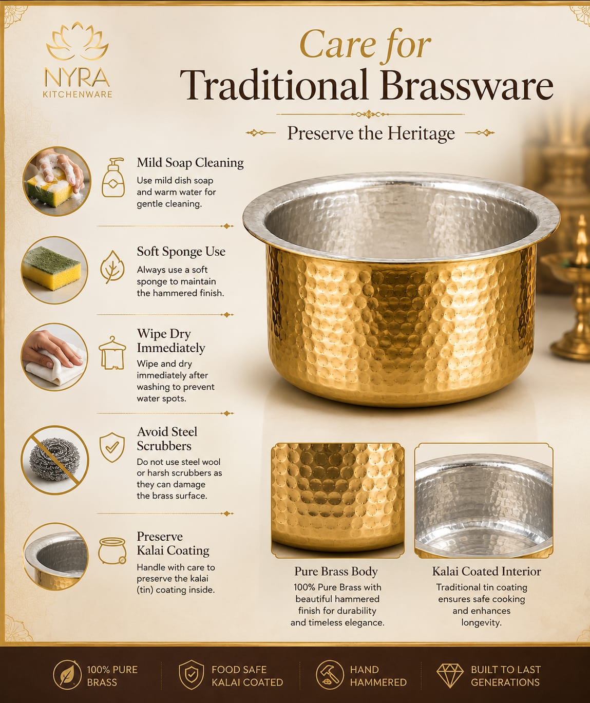 Traditional Brass Bhagona (Kalai Coated) | Heavy Peetal Cooking Pot with Tin-work