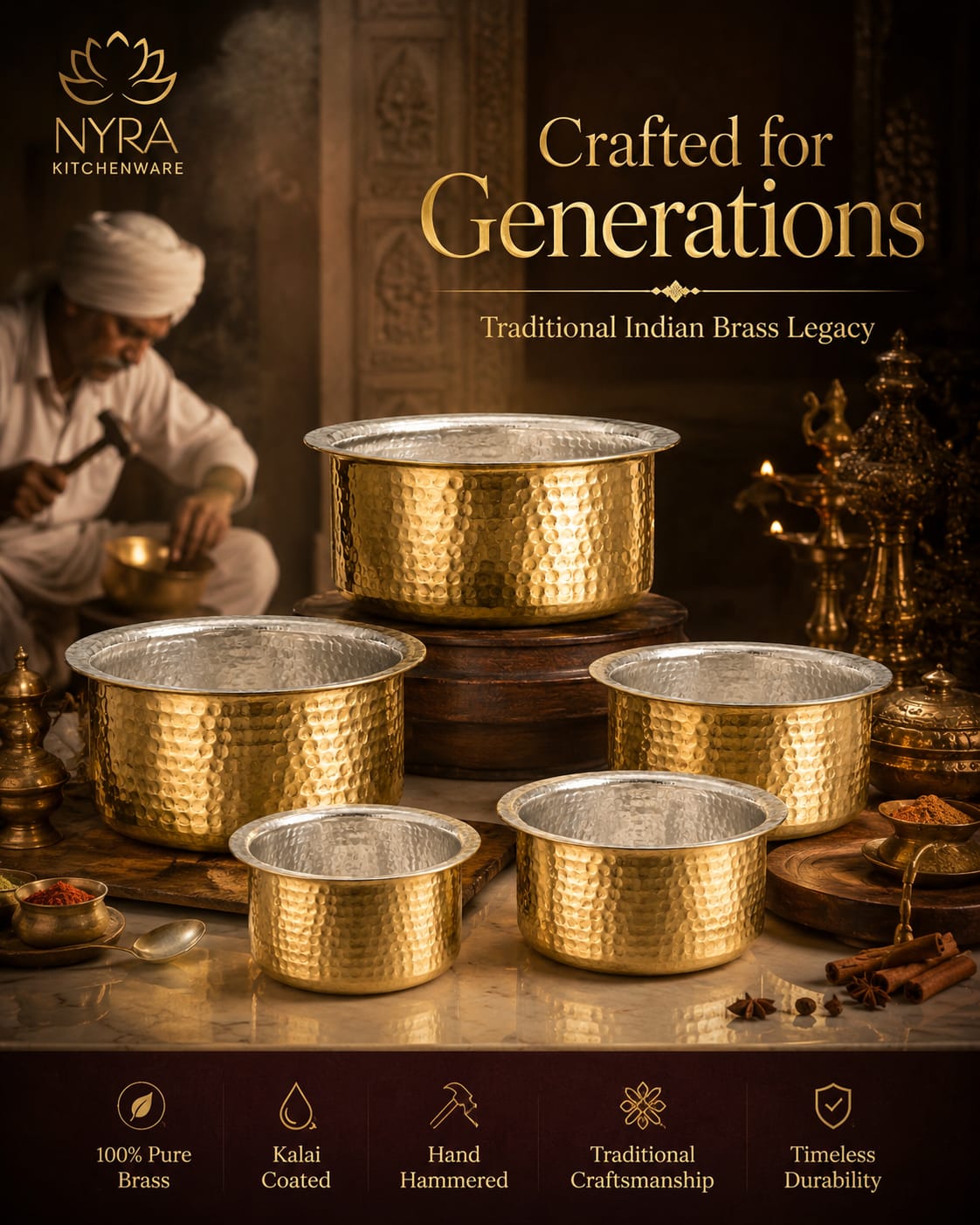 Traditional Brass Bhagona (Kalai Coated) | Heavy Peetal Cooking Pot with Tin-work