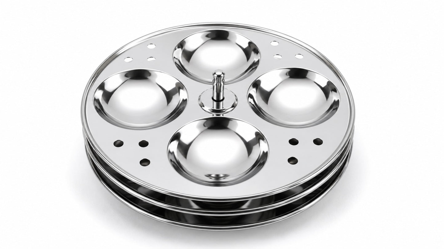 Stainless Steel Idli Stand 3 Plate/4 Plate Idli Maker - Round Cavities Steamer Rack for 5L Outer Lid Pressure Cooker Idli Pot Top Bhagona Large Cookware