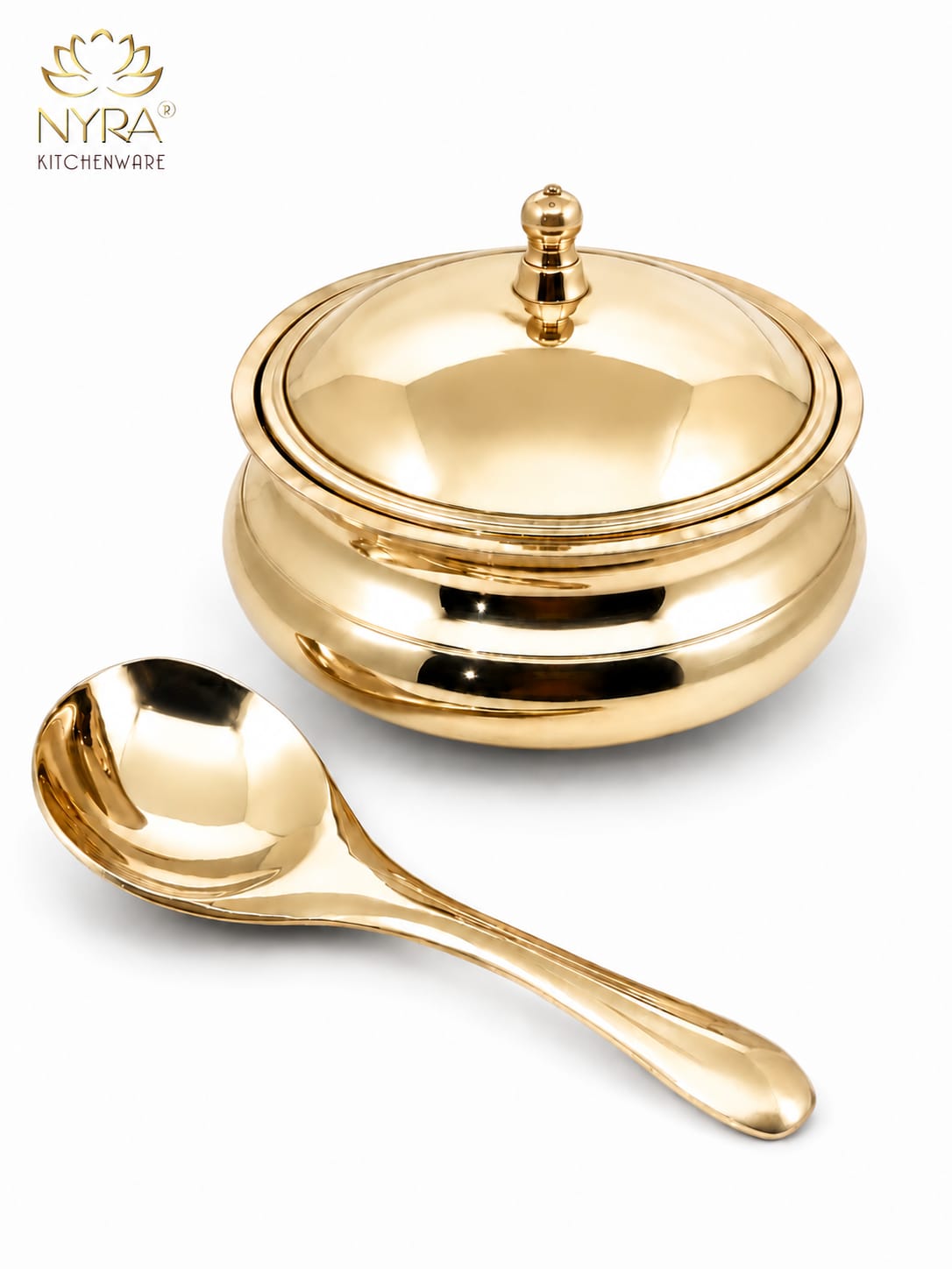 Pure Bronze Kansa Donga | Handcrafted Serving Bowl with Knob Lid & Spoon
