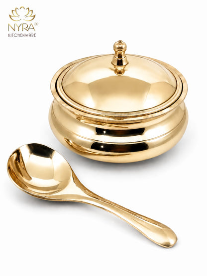 Pure Bronze Kansa Donga | Handcrafted Serving Bowl with Knob Lid & Spoon