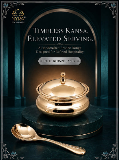 Pure Bronze Kansa Donga | Handcrafted Serving Bowl with Knob Lid & Spoon