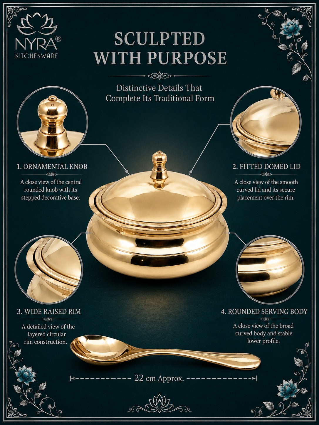 Pure Bronze Kansa Donga | Handcrafted Serving Bowl with Knob Lid & Spoon