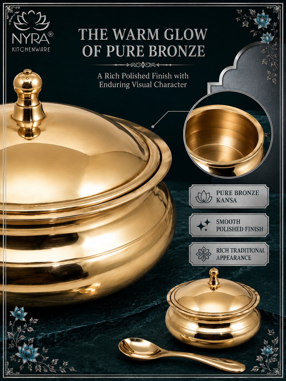 Pure Bronze Kansa Donga | Handcrafted Serving Bowl with Knob Lid & Spoon