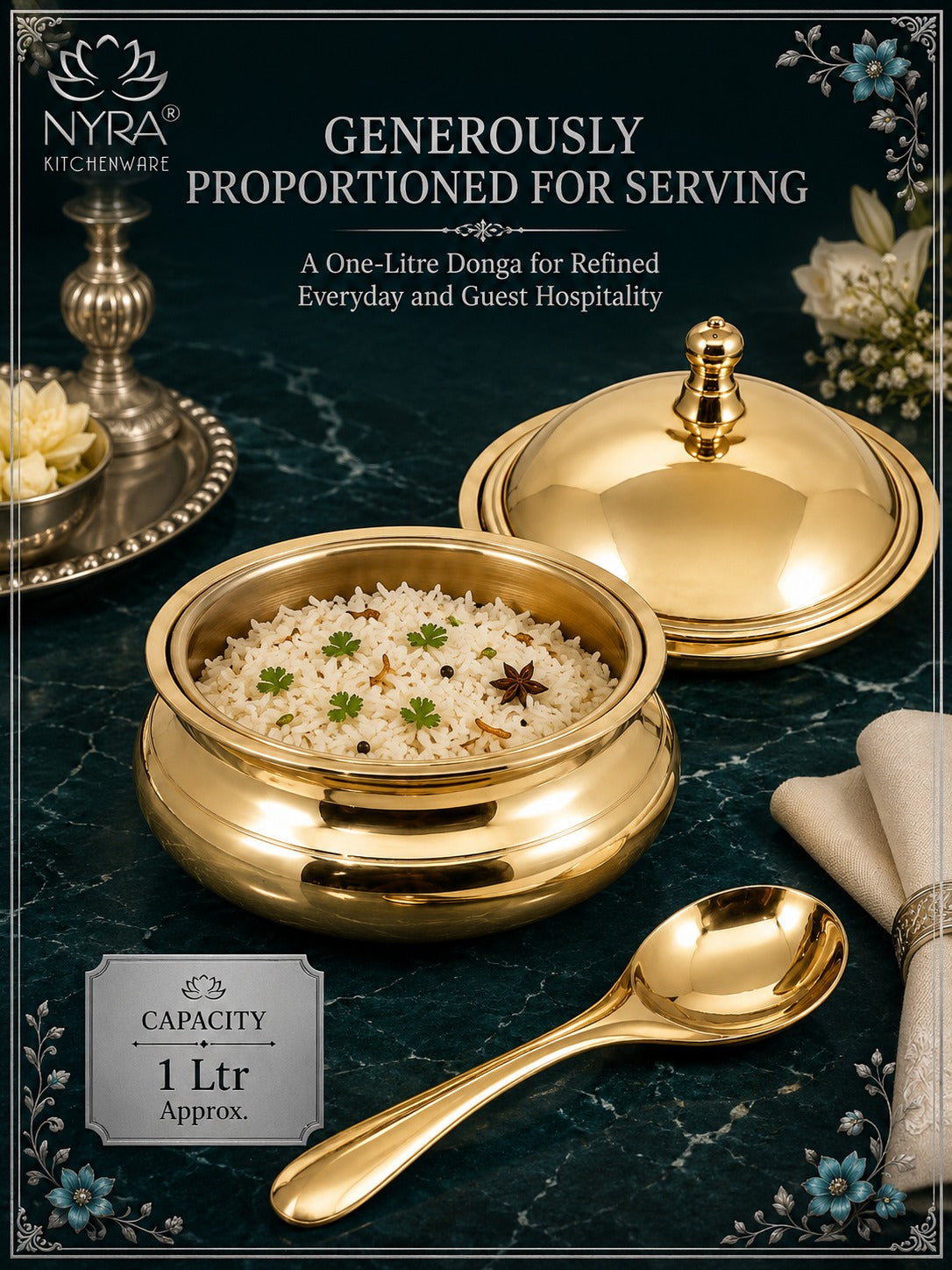 Pure Bronze Kansa Donga | Handcrafted Serving Bowl with Knob Lid & Spoon